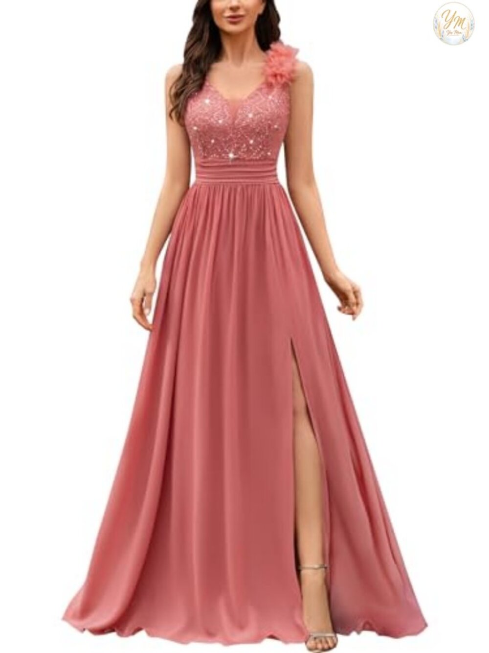 Sequin Lace V-Neck Sleeveless A-Line Maxi Evening Gown
